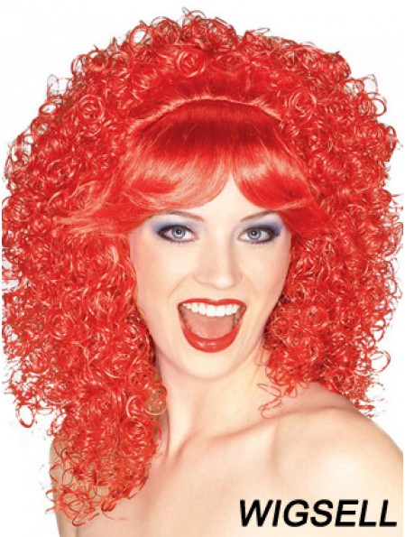 Red Shoulder Length Kinky With Bangs 16 inch High Quality Medium Wigs