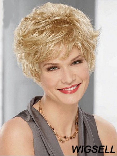 Cheap Synthetic Blonde Color Layered Cut Wavy Style