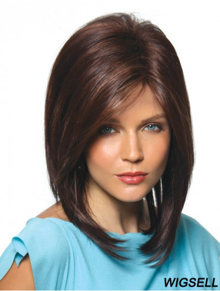 Brown Shoulder Length Straight With Bangs 14 inch Hairstyles Medium Wigs