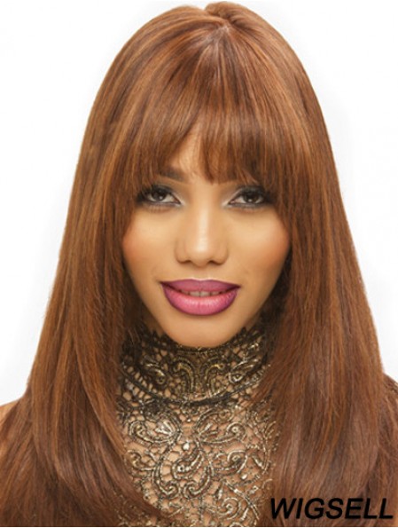 Synthetic Brown Straight With Bangs Monofilament Hand Tied Wigs