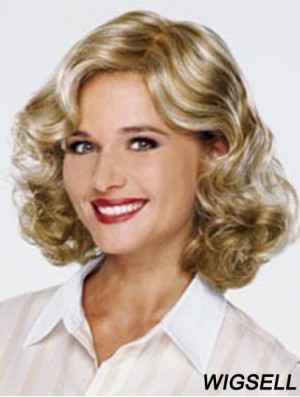 Blonde Shoulder Length Curly Without Bangs 13 inch Fashionable Medium Wigs