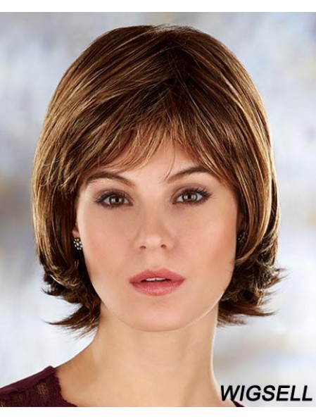 Brown Chin Length Straight With Bangs 10 inch Durable Medium Wigs