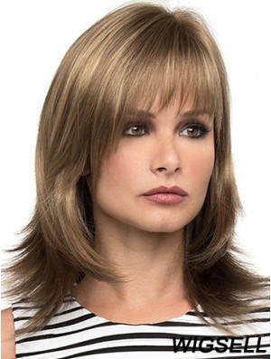 With Bangs Brown Wavy Shoulder Length 14 inch Sassy Medium Wigs