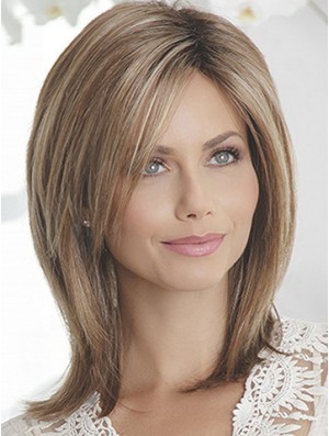 Layered Brown Straight Shoulder Length 14 inch Sleek Medium Wigs