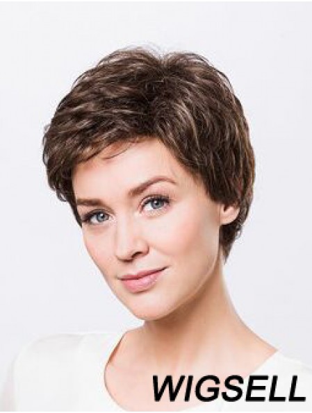 Brown Boycuts Short 8 inch Wavy Synthetic Ladies Monofilament Wigs