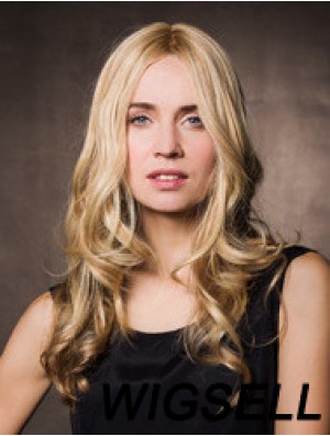 Monofilament Synthetic 17 inch Long Wavy Blonde Without Bangs Cheap Wigs For Cancer Patients