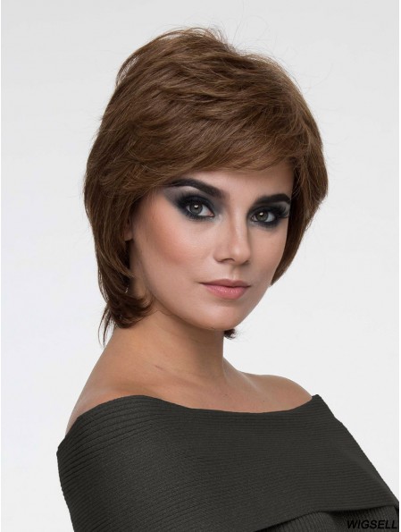 Brown With Bangs Straight 8 inch Chin Length Mono Hair Wigs