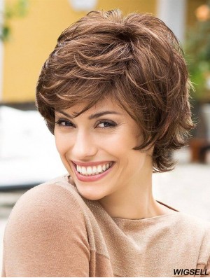 Short Monofilament Wigs Layered Cut Short Length Wavy Style Brown Color