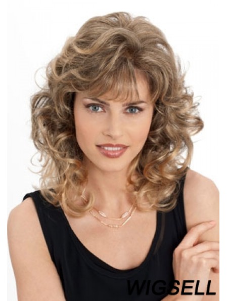 Cheap Monofilament Wigs With Bangs Wavy Style Blonde Color