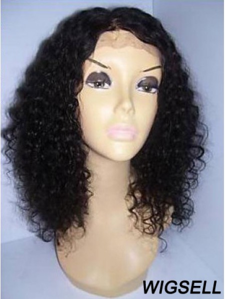 Curly Human Hair With Lace Front Black Color Shoulder Length