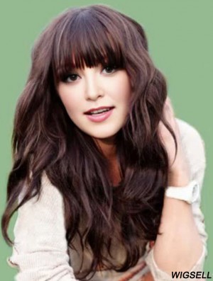 Real Hair Carly Rae Jepsen Wigs Long Length Brown Color With Bangs Monofilament
