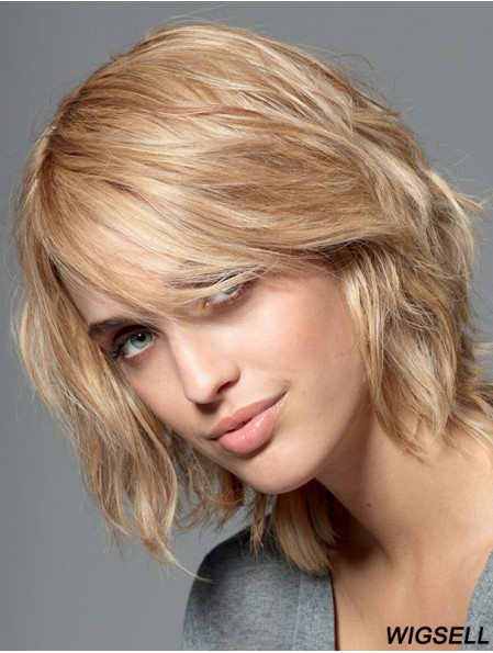 With Bangs Blonde Wavy Shoulder Length 10 inch No-Fuss Medium Wigs