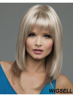Straight With Bangs Shoulder Length Blonde Natural Lace Front Wigs