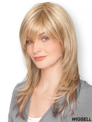 Blonde 16 inch Sleek Long Straight With Bangs Lace Wigs