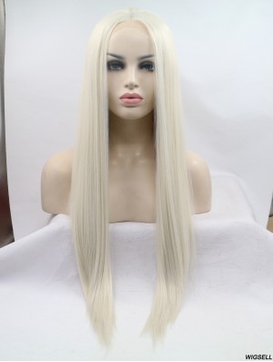 Lace Front Without Bangs Long Straight Grey 28 inch Synthetic Wigs