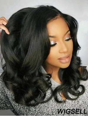 Remy Human Hair Black Wavy 18 inch Without Bangs 360 Lace Wigs