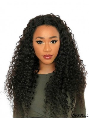 24 inch Without Bangs Black Curly Remy Human Hair 360 Lace Wigs