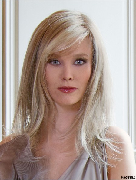 Long Straight With Bangs Blonde Sleek 100% Hand-tied Wigs