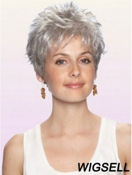 Grey Wig With Capless Cropped Length Boycuts Wavy Style