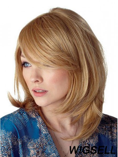 Cheapest Straight Blonde Shoulder Length With Bangs Medium Wigs