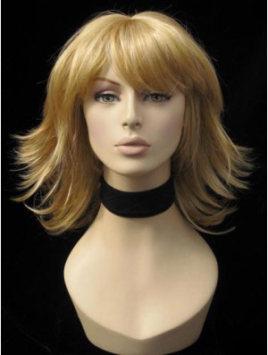 Convenient Straight Blonde Shoulder Length With Bangs Medium Wigs