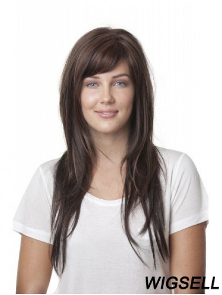Ideal Brown Straight With Bangs Monofilament Long Wigs