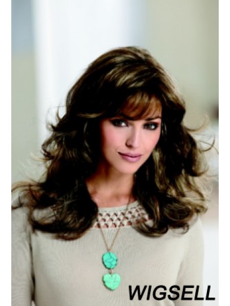 Sleek Brown Wavy With Bangs Capless Long Wigs