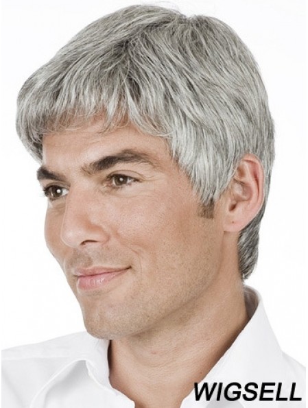 Men Wig Grey Short Remy Human Hair Wig Hand Tied 6 Inch