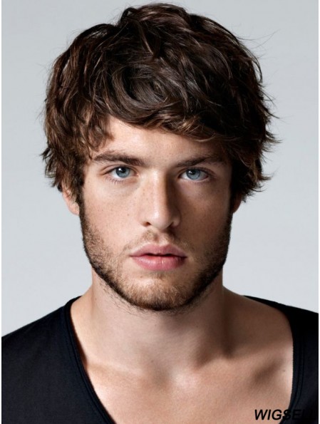 Brown 100% Hand Tied Straight With Bangs Men's Short Wigs