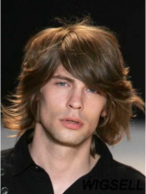 Auburn Chin Length Capless Wavy Mens Real Hair Wig