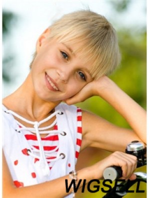 Straight Short Blonde Remy Human Hair 100% Hand-tied Kids Wigs