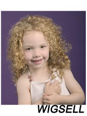 Curly Shoulder Length Blonde Synthetic 100% Hand-tied Kids Wigs