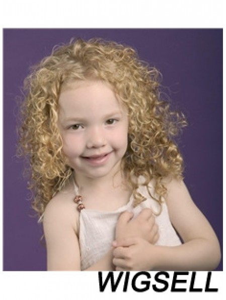 Curly Shoulder Length Blonde Synthetic 100% Hand-tied Kids Wigs