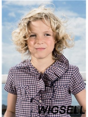 Curly Chin Length Blonde Synthetic 100% Hand-tied Kids Wigs