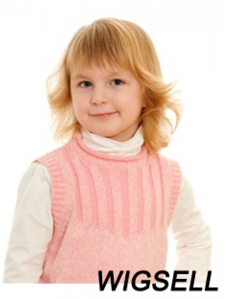 Wavy Shoulder Length Blonde Remy Human Hair 100% Hand-tied Kids Wigs