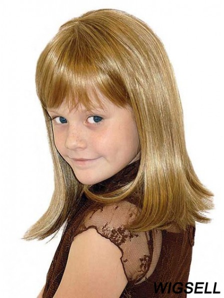 Straight Shoulder Length Blonde Synthetic 100% Hand-tied Kids Wigs