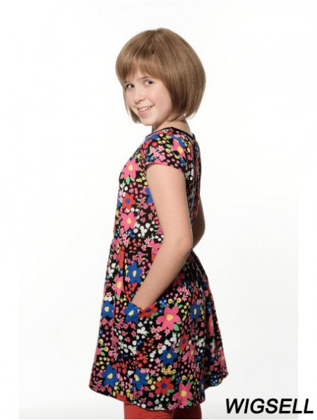 Straight Chin Length Brown Remy Human Hair 100% Hand-tied Kids Wigs