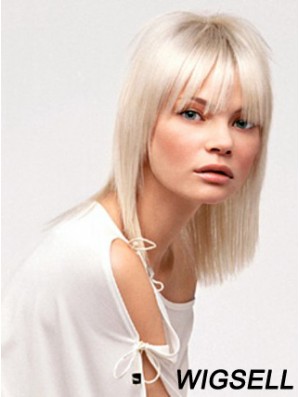 Lace Front With Bangs Shoulder Length Straight 14 inch Platinum Blonde No-Fuss Fashion Wigs