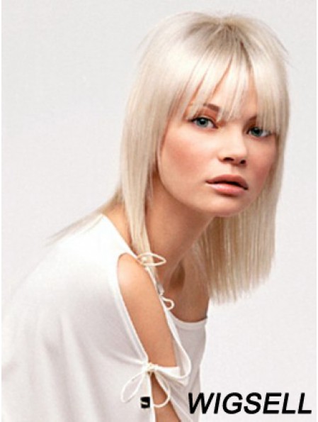 Lace Front With Bangs Shoulder Length Straight 14 inch Platinum Blonde No-Fuss Fashion Wigs