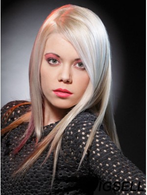 Lace Front Without Bangs Long Straight 16 inch Platinum Blonde Good Fashion Wigs