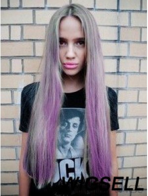 Fashionable Ombre/2 Tone Long Straight Without Bangs 28 inch Human Lace Wigs