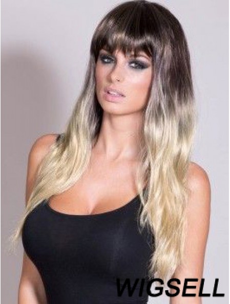 Flexibility Ombre/2 Tone Long Straight With Bangs 24 inch Human Lace Wigs