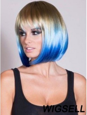 Discount Ombre/2 Tone Short Straight With Bangs 14 inch Human Lace Wigs