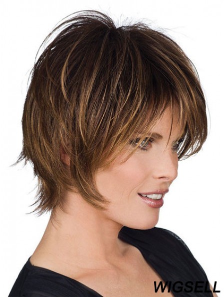 Short Wigs With Remy Capless Straight Style Brown Color Layered Cut