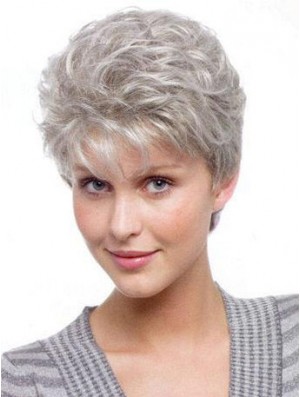 Durable Grey Wig For Old Women Short Wavy Synthetic Wig UK