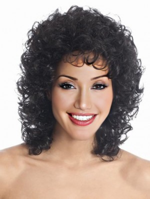 Shoulder Length Black Curly Layered Sleek African American Wigs