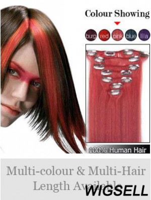 Comfortable Red Straight Remy Human Hair Clip In Hair Extensions